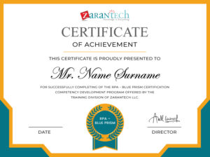 RPA Blue PRISM Certificate|ZaranTech